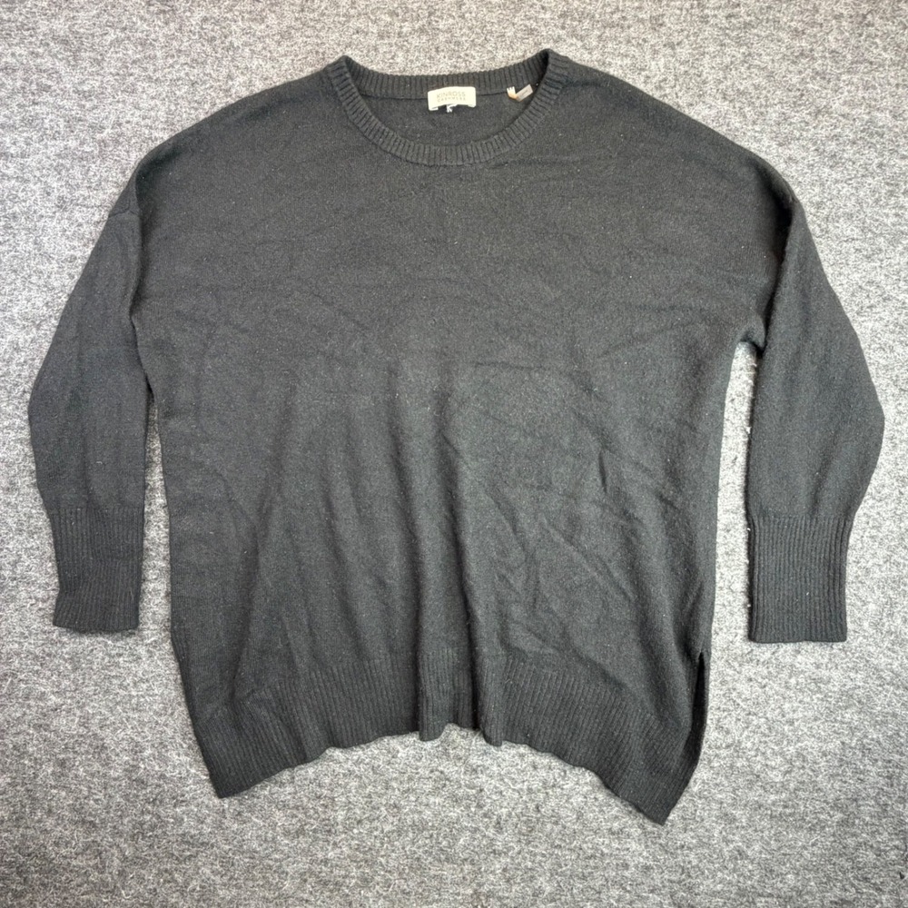 Kinross Cashmere Sweater Womens L Black Crew Neck Side Slit Oversized Pullover